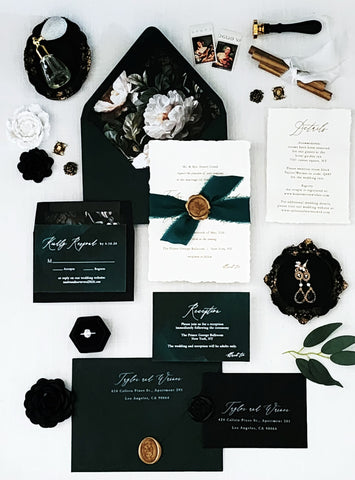 Taylor Suite - Sample - Dark Emerald Green and Black Moody Wedding Invitations