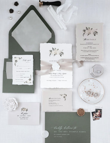 Aurora Suite - Sample - White Floral and Green Wedding Invitations