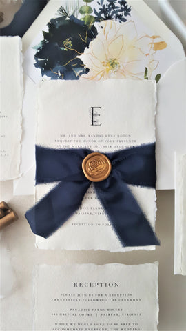 Navy and Gold Monogram Deckled Paper Wedding Invitation - DEPOSIT