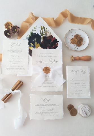 Gold Floral Deckled Paper Wedding Invitation - DEPOSIT