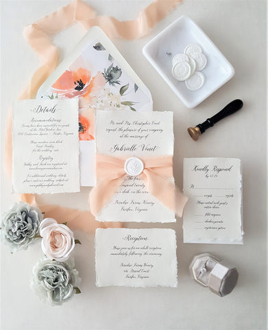 Peach Modern Calligraphy Floral Deckled Paper Wedding Invitation - DEPOSIT