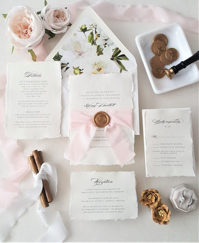 Blush and Gold Botanical Deckled Paper Wedding Invitation - DEPOSIT