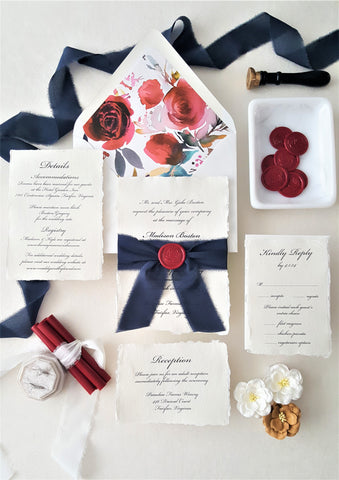 Red and Navy Botanical Deckled Paper Wedding Invitation - DEPOSIT