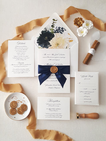 Navy and Gold Calligraphy Madison Suite Wedding Invitation - Deposit