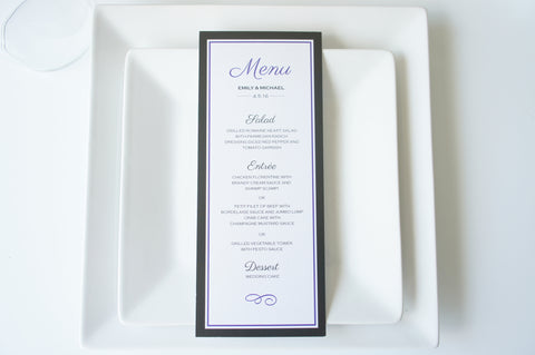 Purple and Black Wedding Menu Cards - DEPOSIT