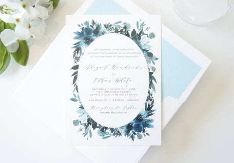 Blue Watercolor Floral Wedding Invitation, Blue Floral Wedding Invitation Set - DEPOSIT