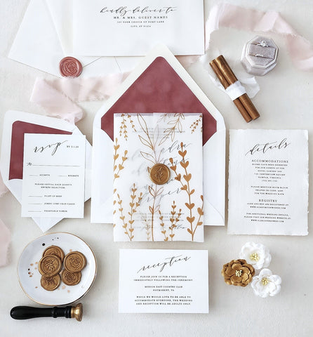 Flowing Script Gold and Dusty Rose Wedding Invitation Suite - Deposit