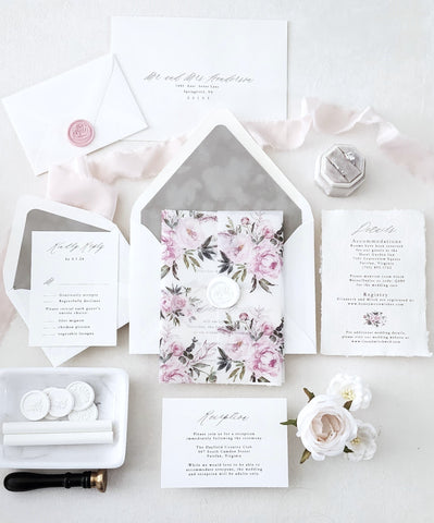 Pink Peony Deckled Wedding Invitation Suite - Deposit