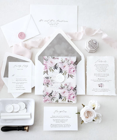 Pink Peony Deckled Wedding Invitation Suite - Sample Set