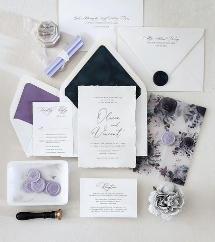 Navy Blue and Lilac Deckled Wedding Invitation Suite - Deposit