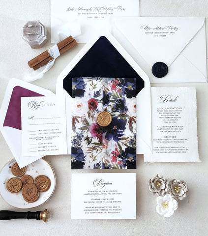 Navy and Magenta Deckled Wedding Invitation Suite - Sample Set