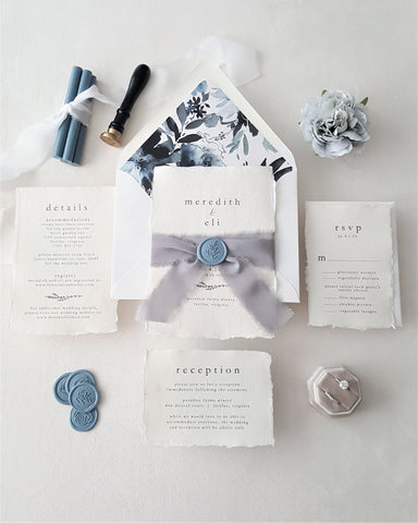 Minimal Blue Floral Handmade Deckle Edge Wedding Invitation - SAMPLE SET