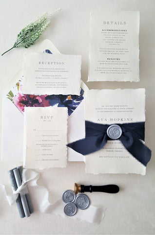 Navy and Magenta Floral Handmade Deckle Edge Wedding Invitation - SAMPLE SET