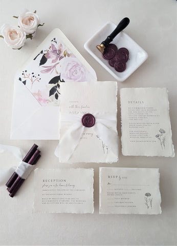Purple Wildflower Botanical Deckled Paper Wedding Invitation - DEPOSIT