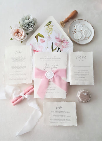 Light Pink Romantic Botanical Deckled Paper Wedding Invitation - DEPOSIT