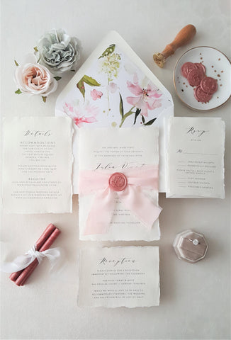 Blush Floral Handmade Deckle Edge Wedding Invitation - SAMPLE SET