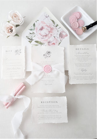 Pink Peony Botanical Deckled Paper Wedding Invitation - DEPOSIT