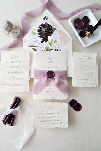 Purple Plum and Lavender Floral Deckled Paper Wedding Invitation - DEPOSIT