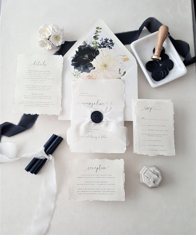 Navy and White Floral Handmade Deckle Edge Wedding Invitation - SAMPLE SET