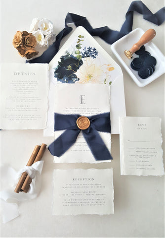 Monogram Navy Floral Handmade Deckle Edge Wedding Invitation - SAMPLE SET