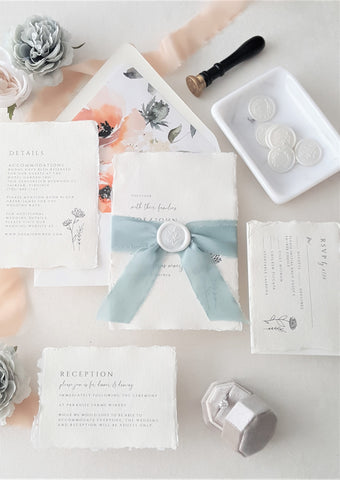 Green Wildflower Botanical Deckled Paper Wedding Invitation - DEPOSIT