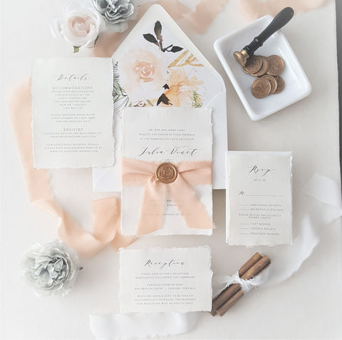Peach and Gold Botanical Deckled Paper Wedding Invitation - DEPOSIT