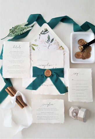 Green and Gold Floral Handmade Deckle Edge Wedding Invitation - SAMPLE SET