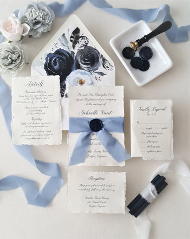 Navy Blue Floral Handmade Deckle Edge Wedding Invitation - SAMPLE SET