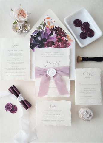 Purple Floral Handmade Deckle Edge Wedding Invitation - SAMPLE SET