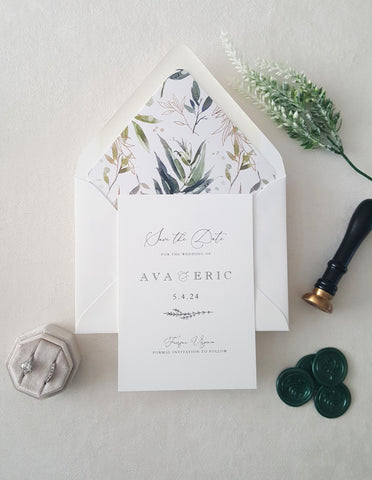 Tropical Greenery and Gold Ava Save the Date Card- Deposit