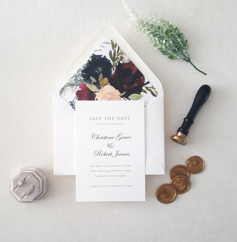 Burgundy and Navy Botanical Save the Date Card- Deposit