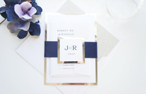 Navy and Silver Mirrored Wedding Invitations, Elegant Wedding Invite- SAMPLE SET