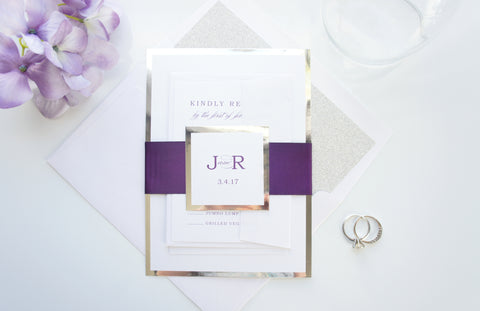 Purple and Silver Wedding Invitations, Elegant Wedding Invite- SAMPLE SET