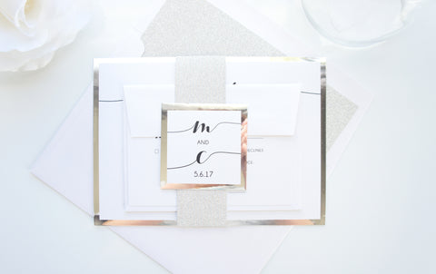 Silver Glitter Wedding Invitations, Calligraphy Wedding Invitations - SAMPLE SET