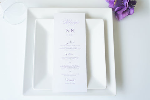 Purple Script Wedding Menu Cards - DEPOSIT