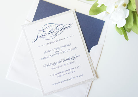 Navy Blue Silver Glitter Save the Date