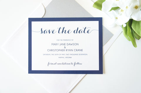 Navy Blue Script Save the Date