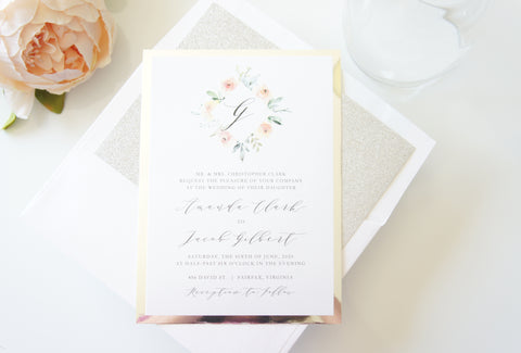 Pink and Silver Monogram Floral Wedding Invitation - DEPOSIT