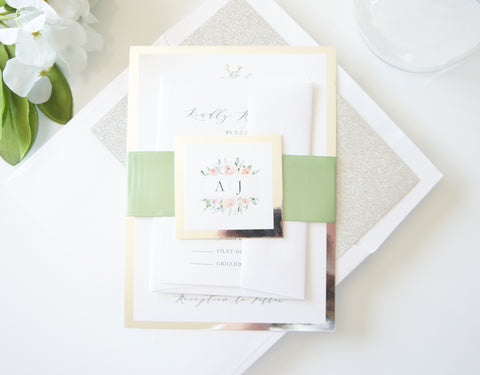 Green and Silver Floral Wedding Invitation - SAMPLE SET