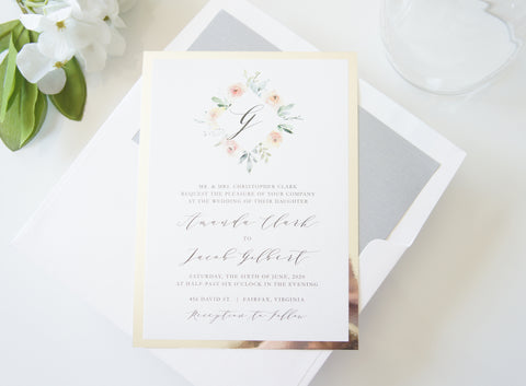 Green Monogram Floral Wedding Invitation - DEPOSIT