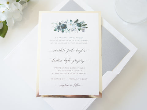 Blue and Silver Floral Wedding Invitation - DEPOSIT