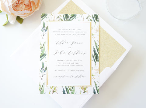 Greenery and Gold Wedding Invitation, Bohemian Wedding Invitation - DEPOSIT