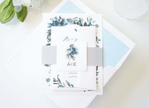 Baby Blue and Navy Floral Wedding Invitation - SAMPLE SET