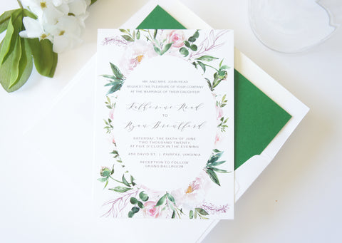 Blush Pink and Green Romantic Floral Wedding Invitation - DEPOSIT