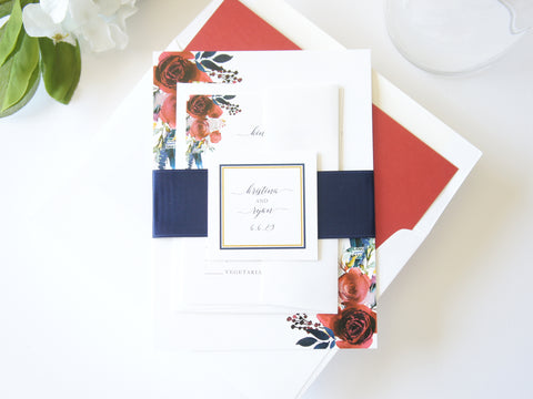 Red and Navy Romantic Floral Wedding Invitation - DEPOSIT