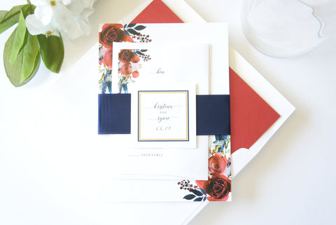 Red and Navy Floral Wedding Invitation - SAMPLE SET