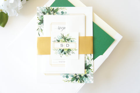 Green and Gold Wedding Invitation, Bohemian Wedding Invitation - DEPOSIT
