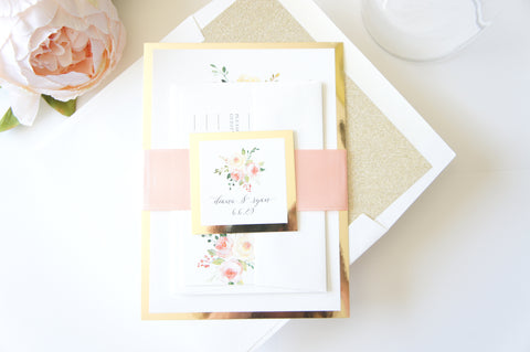 Peach and Gold Floral Wedding Invitation - SAMPLE SET