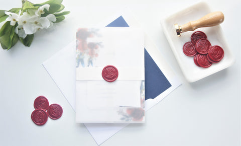 Red Floral Vellum and Wax Seal Wedding Invitation - DEPOSIT