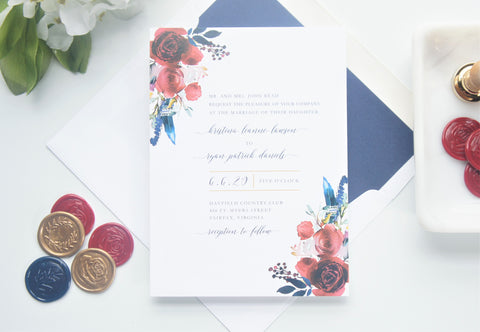 Red and Navy Floral Vellum and Wax Seal Wedding Invitation - SAMPLE SET